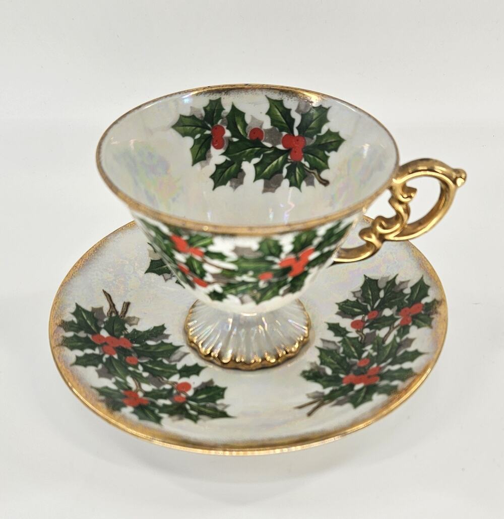 Vintage UCAGCO Japan December Holly Lusterware Footed Teacup Saucer Christmas